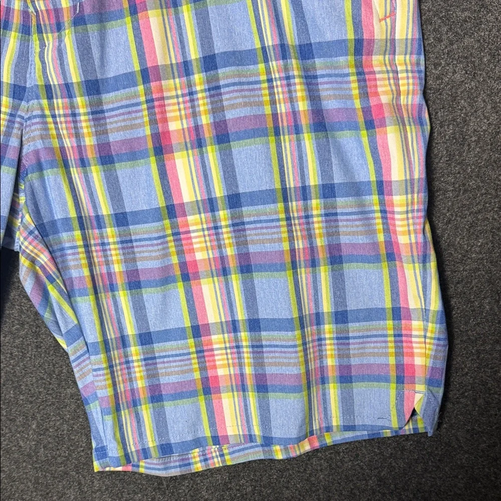 Tommy Bahama Mens Plaid Shorts Blue Pink Yellow 36x9 Marlin Logo Flat Front